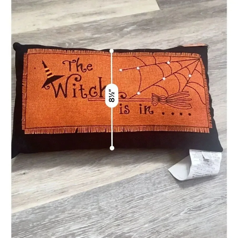 Canvas Glam “The Witch Is In” Pumpkin Witch Pillow Halloween Decor Orange